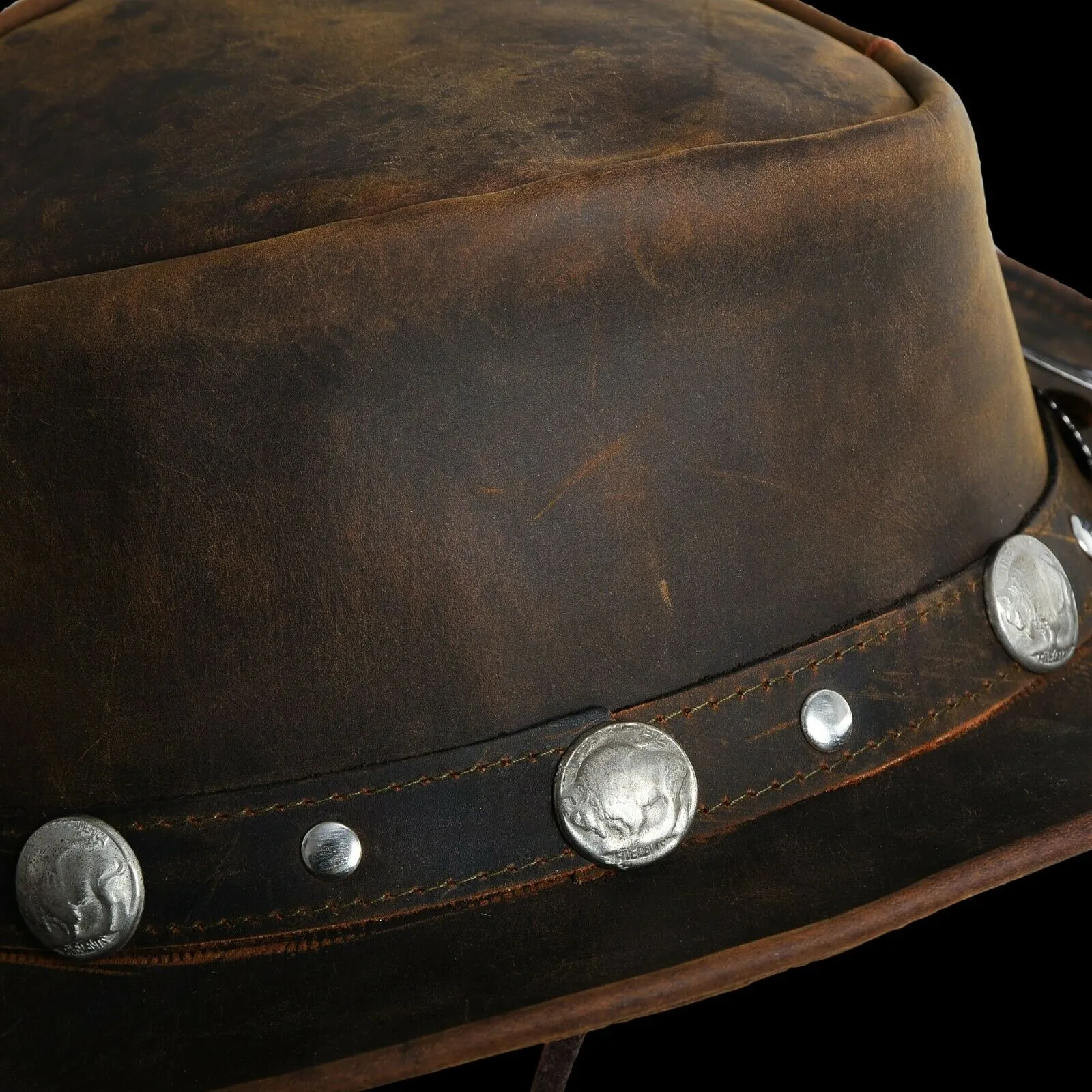 Leather Cowboy Western Style Hat Brown With Conchos Leather Band