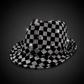 LED Light Up Flashing Fedora Hat with Checkered Sequins