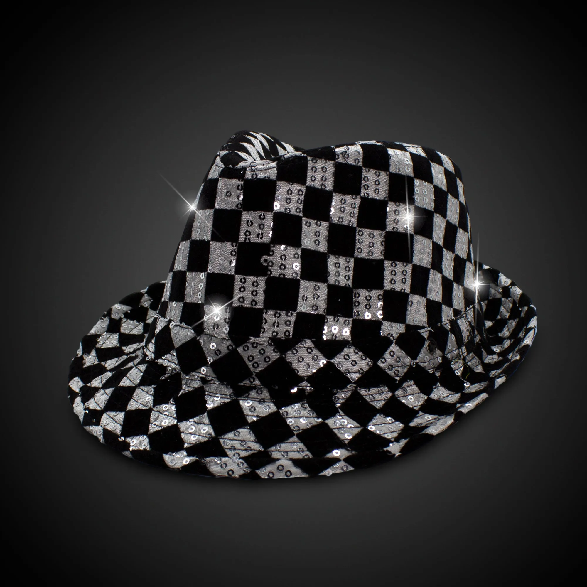 LED Light Up Flashing Fedora Hat with Checkered Sequins