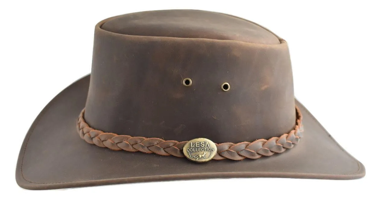 Lesa Collection Distressed Leather Western Outback Australian Style Hat Brown