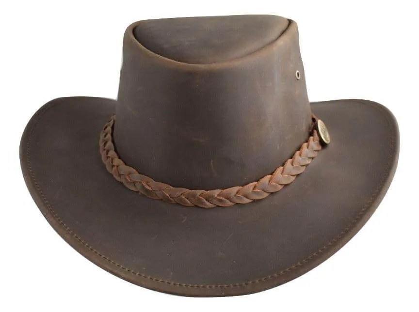 Lesa Collection Distressed Leather Western Outback Australian Style Hat Brown