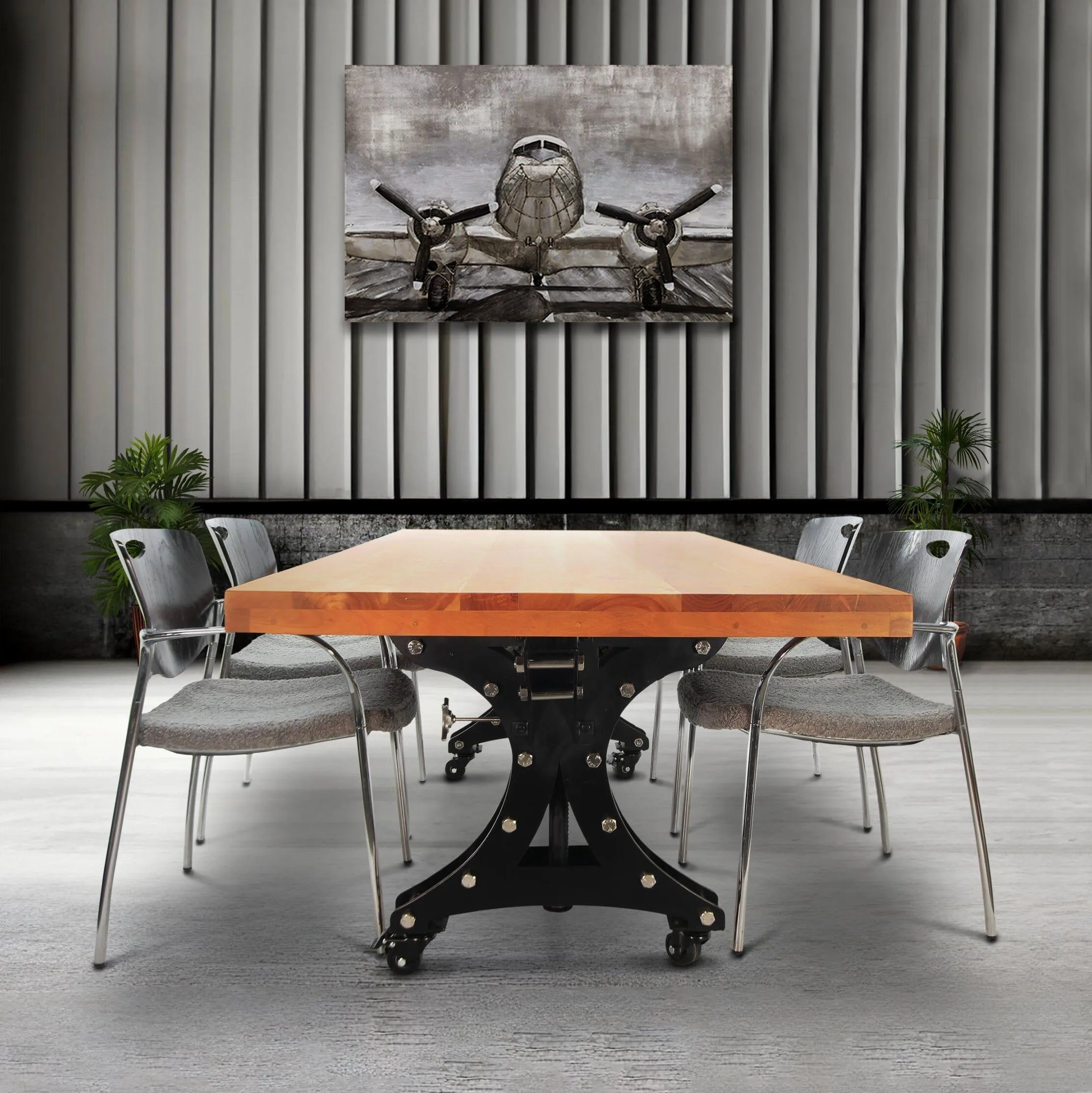 Longeron Industrial Dining Table Adjustable - Casters - Natural Hardwood Top