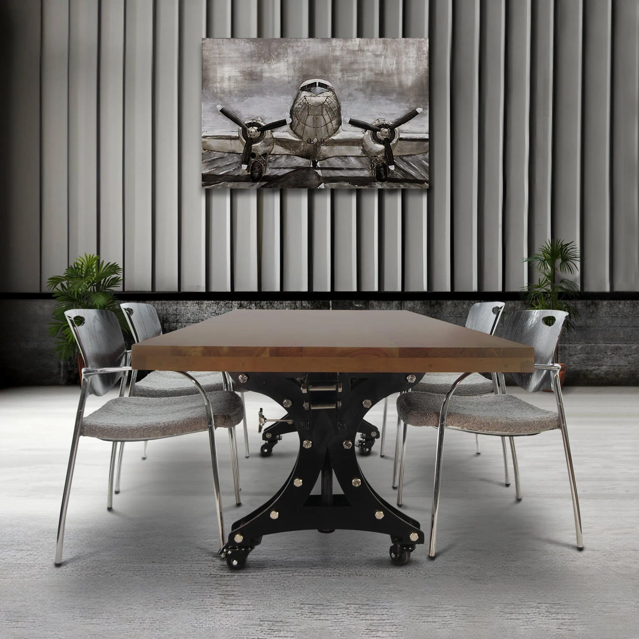 Longeron Industrial Dining Table Adjustable Height - Casters - Walnut