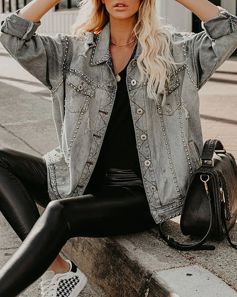 Loose Rivet Beading Ripped Cropped Denim Jacket