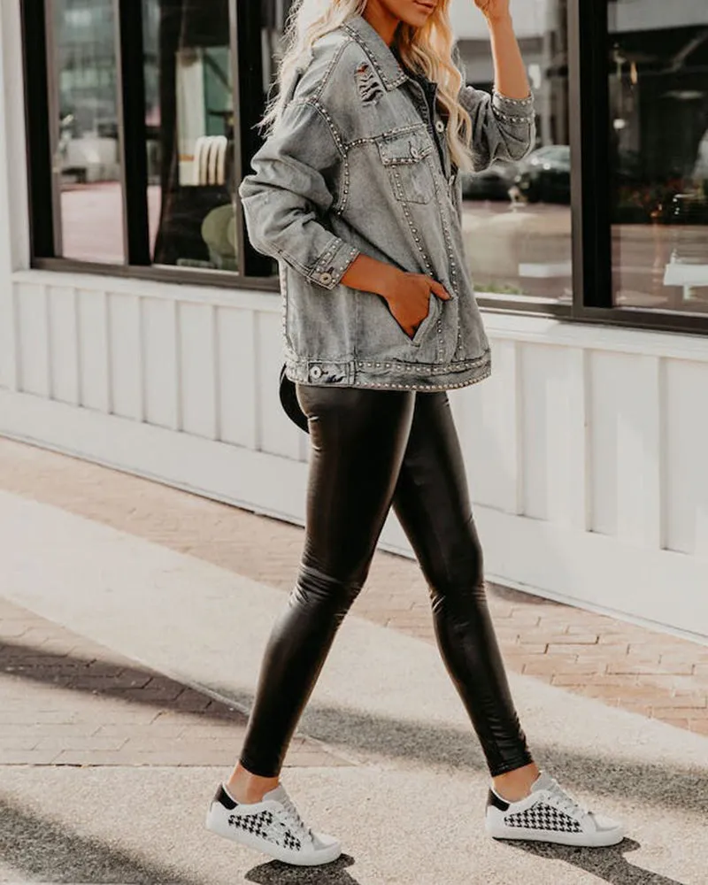 Loose Rivet Beading Ripped Cropped Denim Jacket
