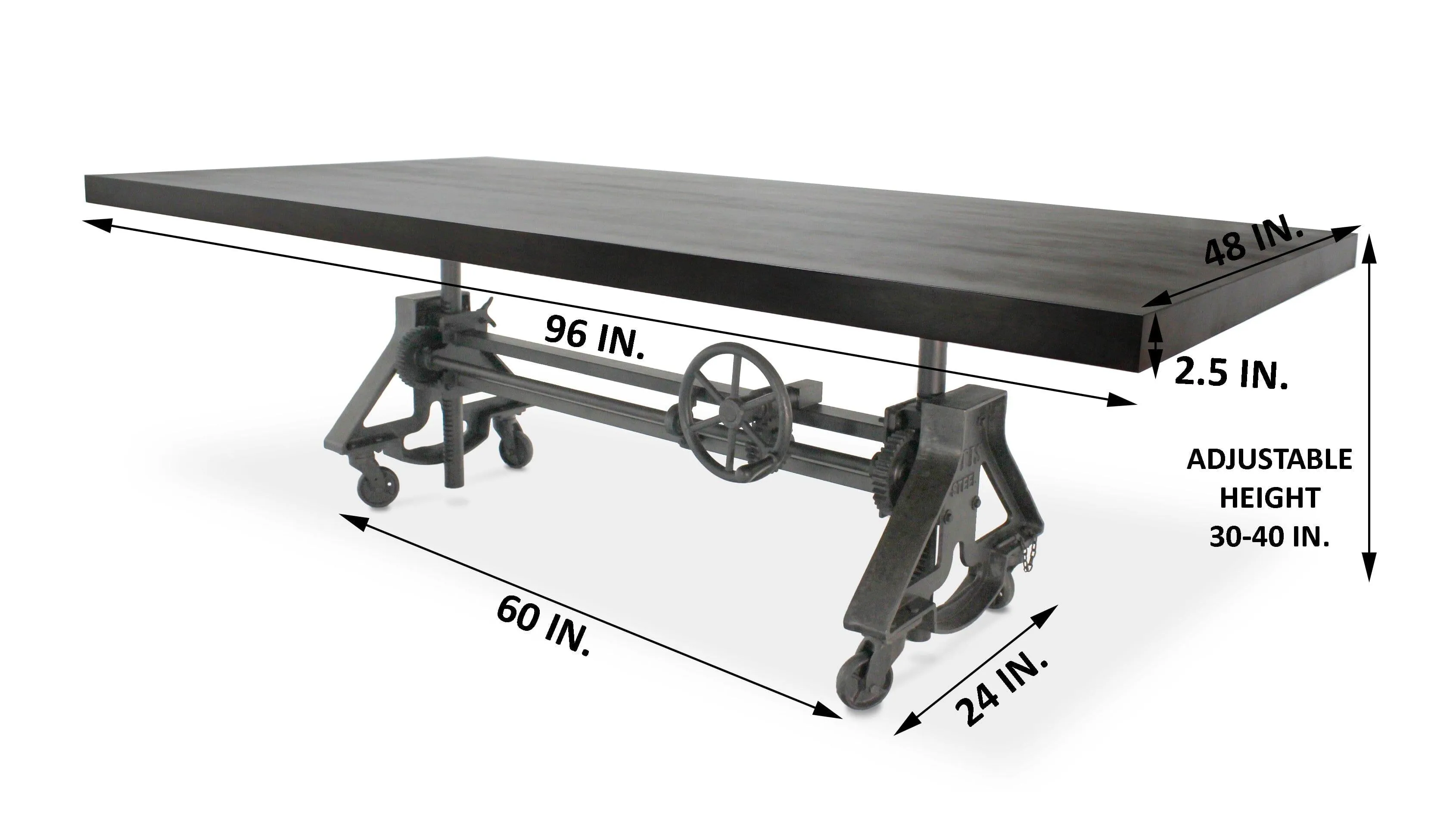 Otis Steel Dining Table - Adjustable Height Iron Base - Casters - 8' Ebony Top