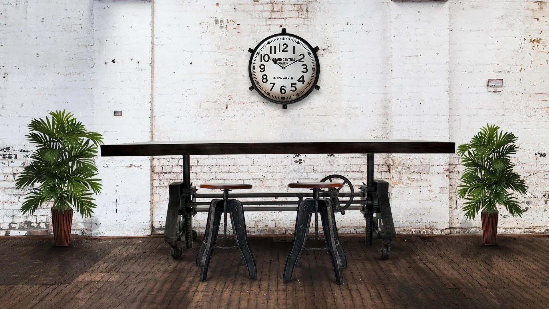 Otis Steel Dining Table - Adjustable Height - Iron Base - Casters - Walnut