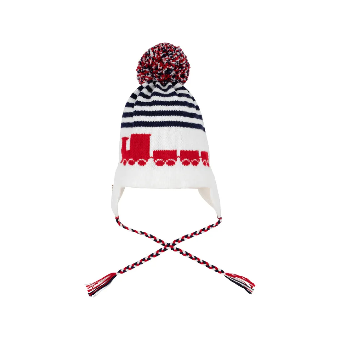 Parrish Pom Pom Hat Worth Avenue White with Nantucket Navy & Trains | Beaufort Bonnet