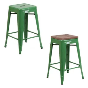 PHOENIX - 24" BACKLESS GREEN METAL BAR STOOL / WOOD SEAT OPTION