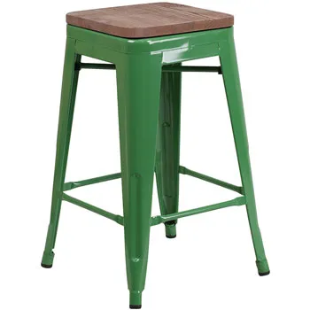 PHOENIX - 24" BACKLESS GREEN METAL BAR STOOL / WOOD SEAT OPTION