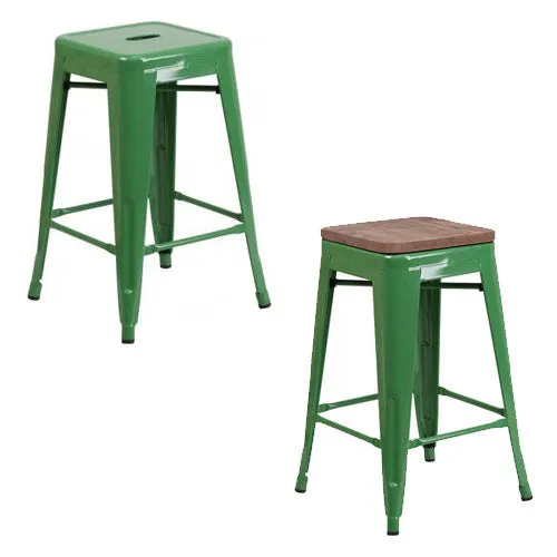 PHOENIX - 24" BACKLESS GREEN METAL BAR STOOL / WOOD SEAT OPTION