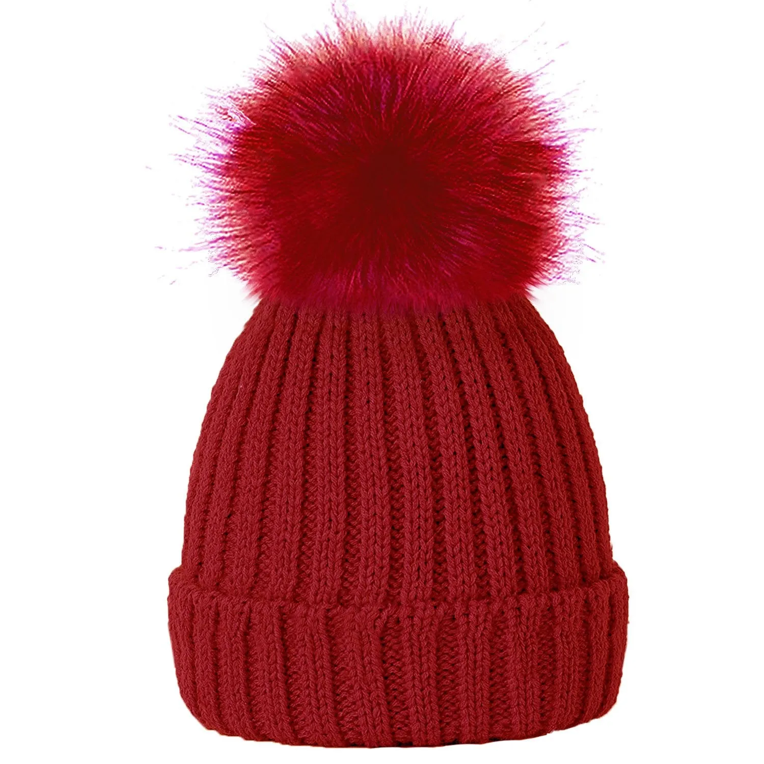 Plain Girls Winter Hats with Faux Fur Pom Pom