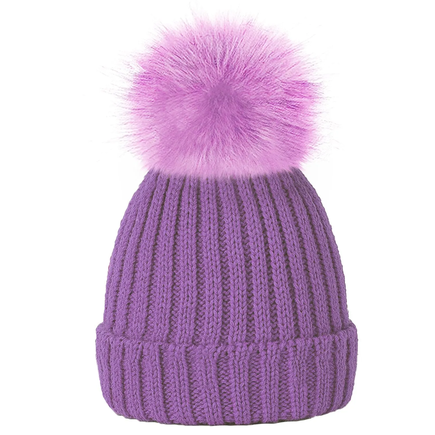 Plain Girls Winter Hats with Faux Fur Pom Pom