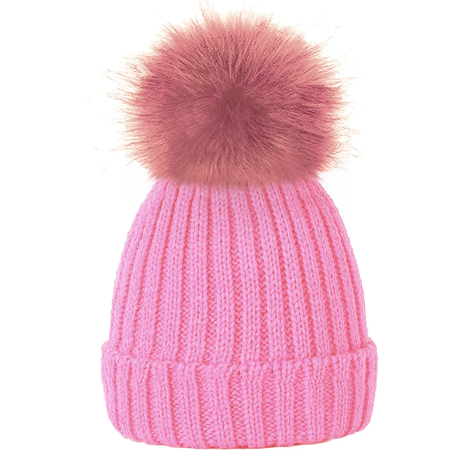 Plain Girls Winter Hats with Faux Fur Pom Pom