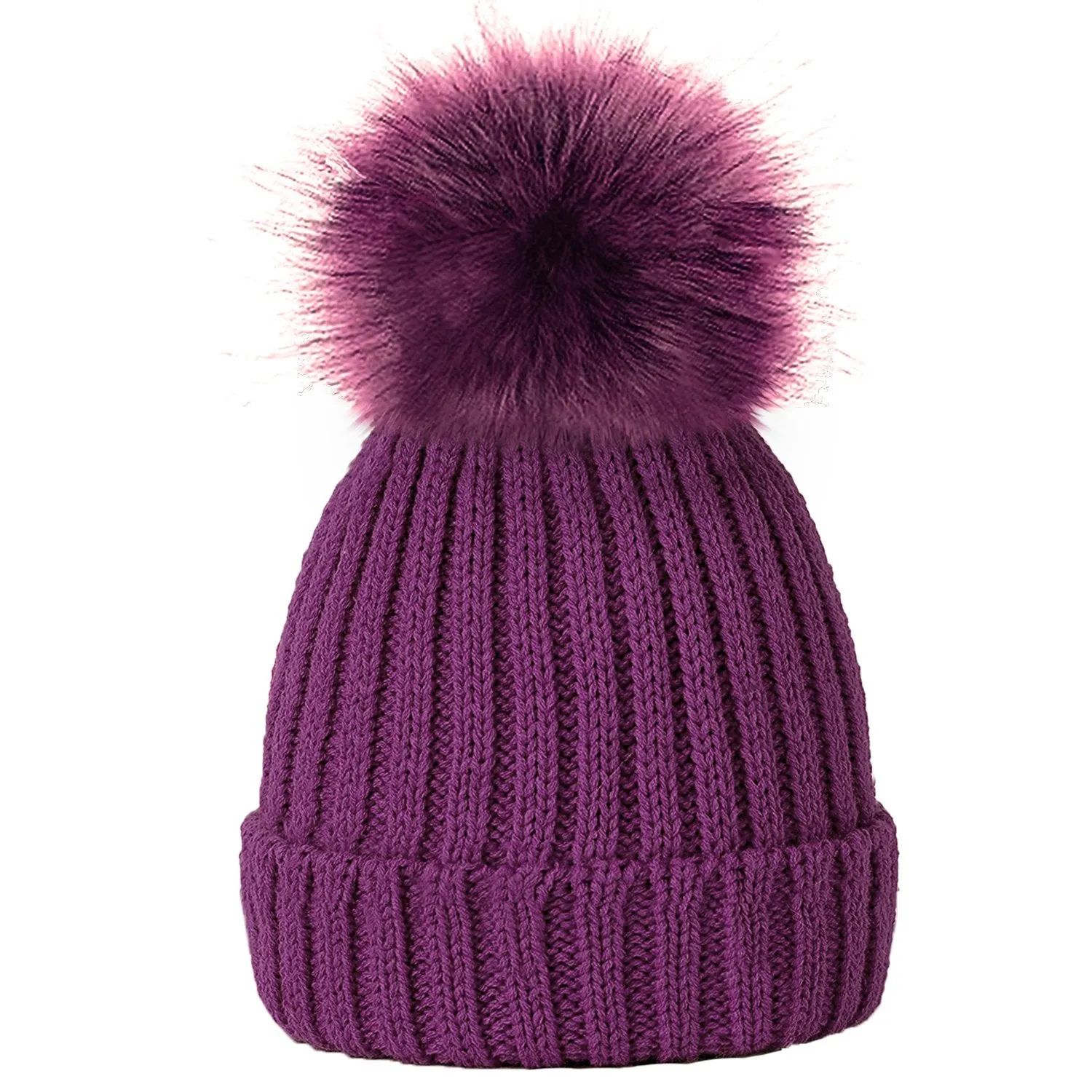 Plain Girls Winter Hats with Faux Fur Pom Pom