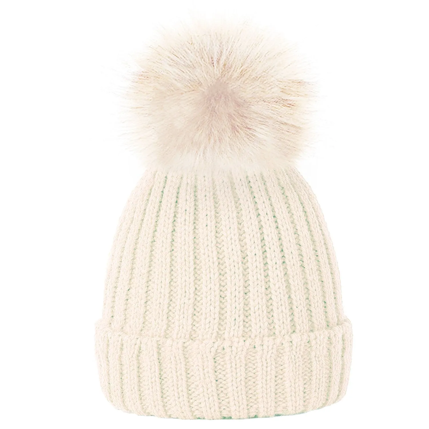 Plain Girls Winter Hats with Faux Fur Pom Pom