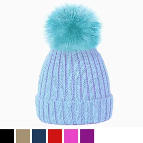 Plain Girls Winter Hats with Faux Fur Pom Pom