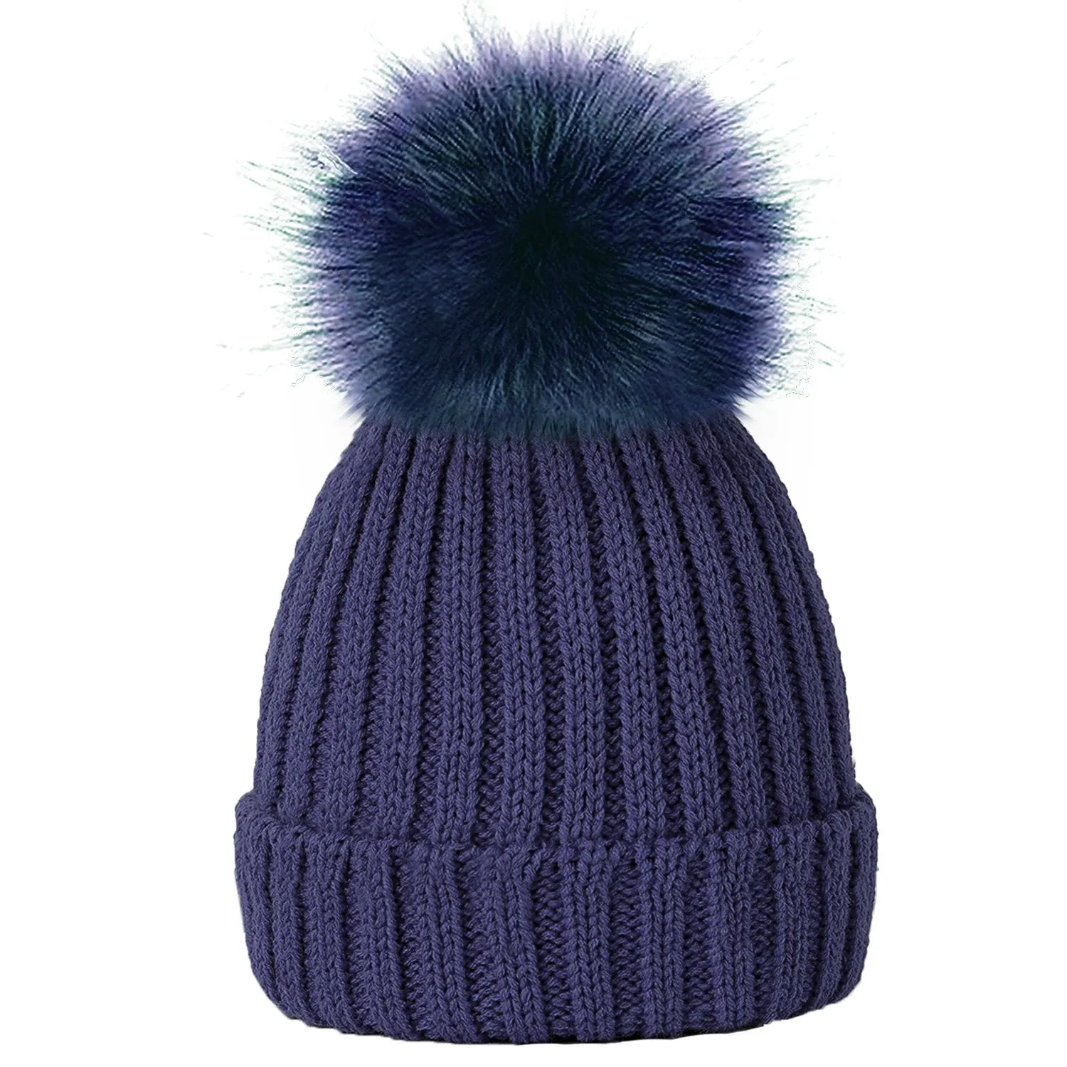 Plain Girls Winter Hats with Faux Fur Pom Pom