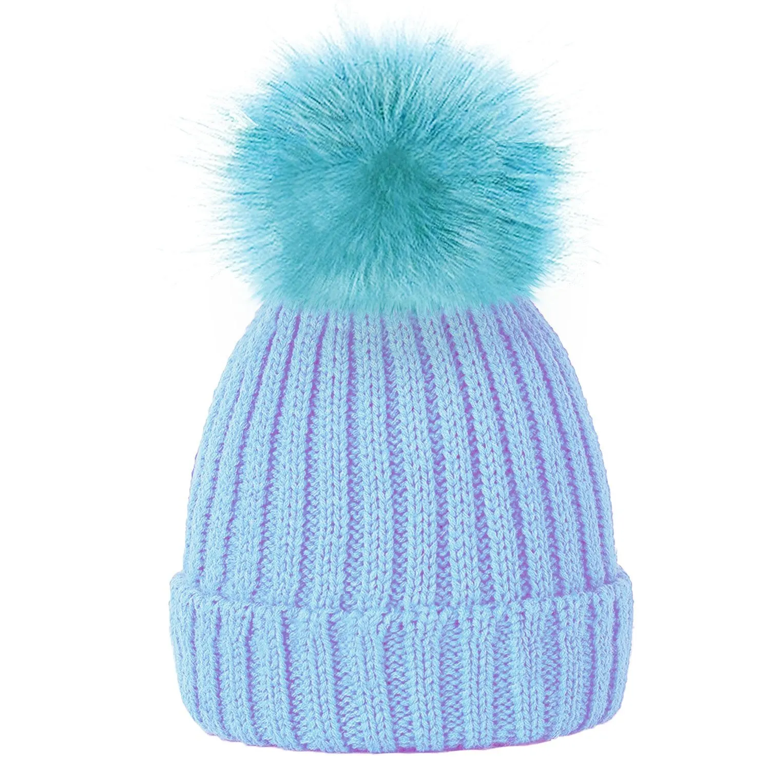 Plain Girls Winter Hats with Faux Fur Pom Pom