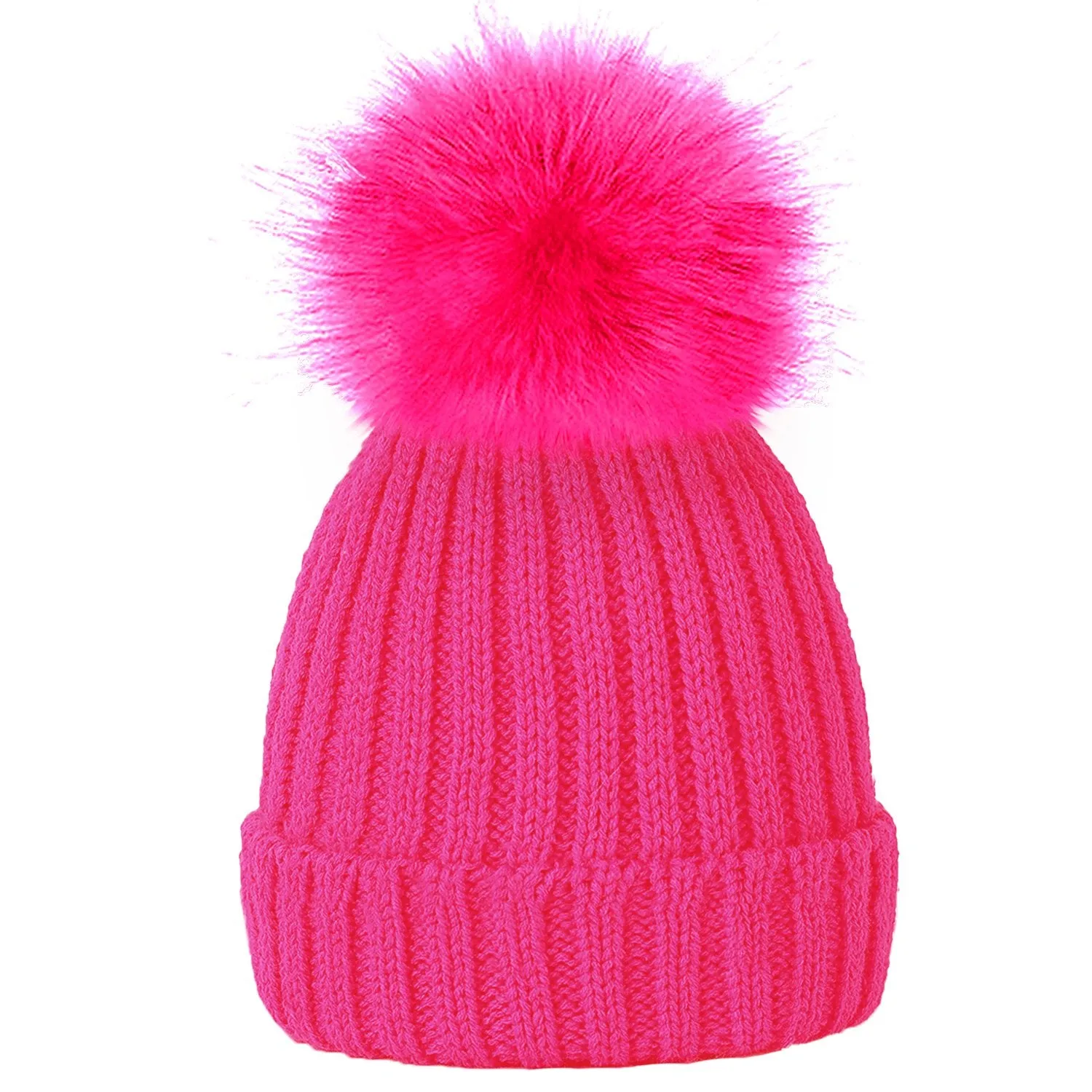 Plain Girls Winter Hats with Faux Fur Pom Pom