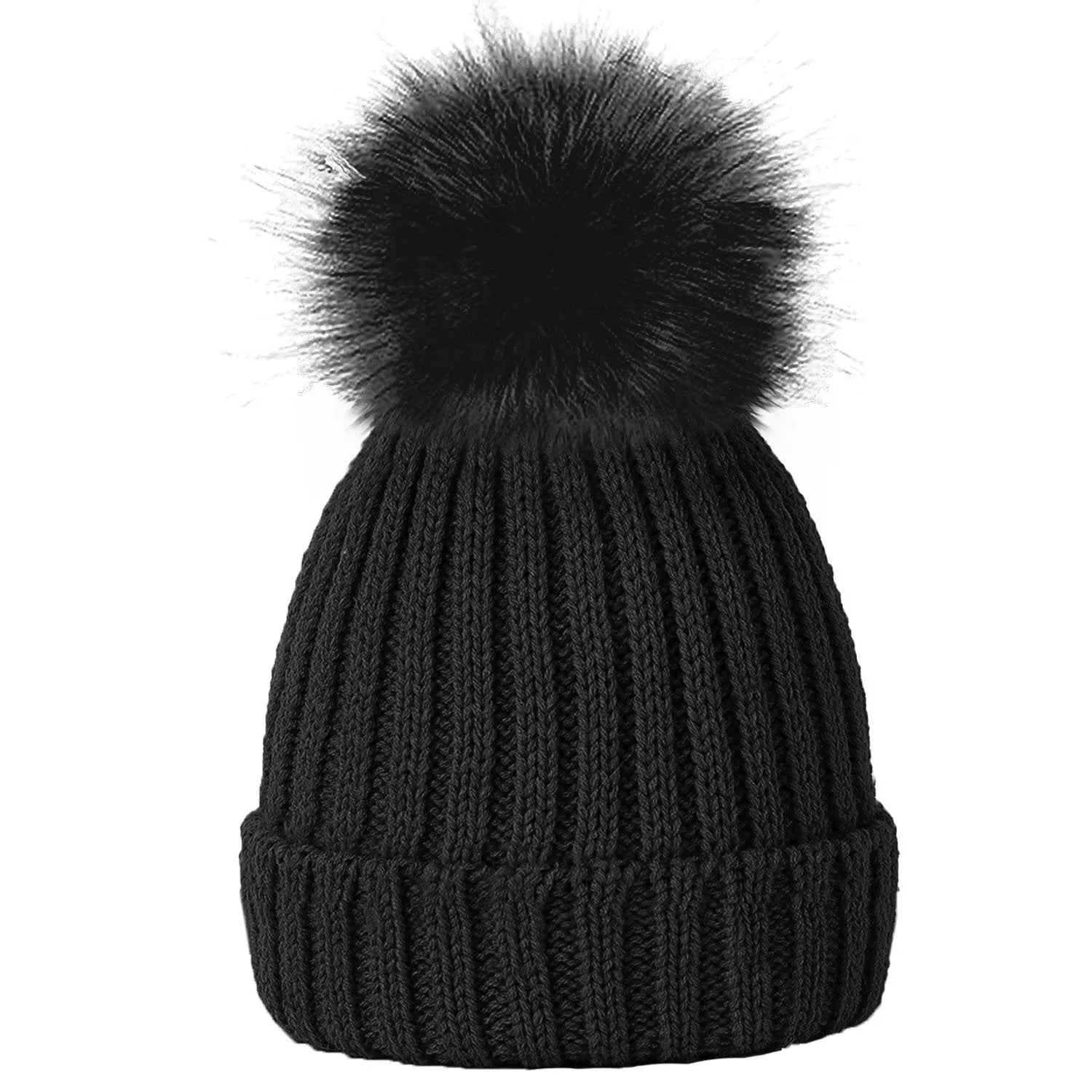 Plain Girls Winter Hats with Faux Fur Pom Pom