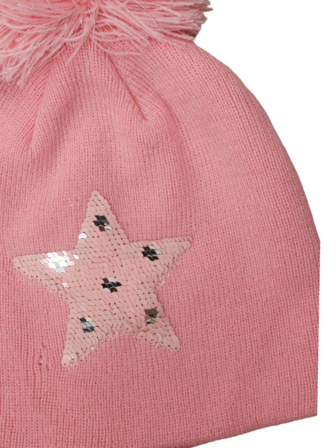 Reversible Sequins Star Hat with Pom-Pom for Girls