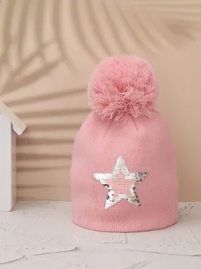 Reversible Sequins Star Hat with Pom-Pom for Girls