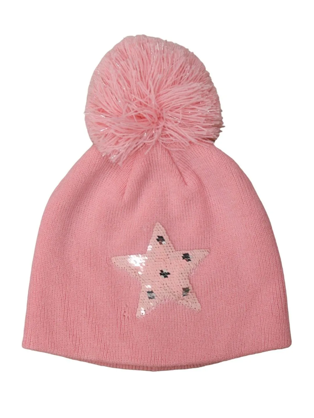 Reversible Sequins Star Hat with Pom-Pom for Girls