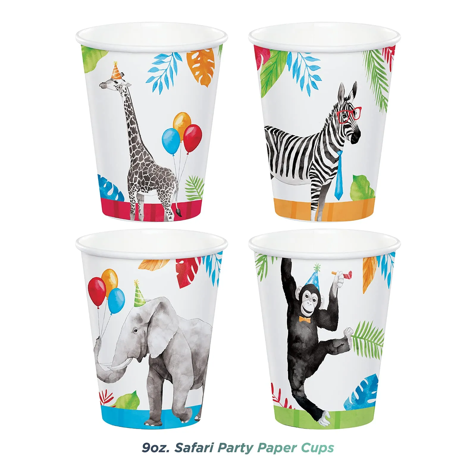 Safari Party Animal Paper Dessert Plates, Napkins, Cups, Table Cover, and Balloons Set (Serves 16)