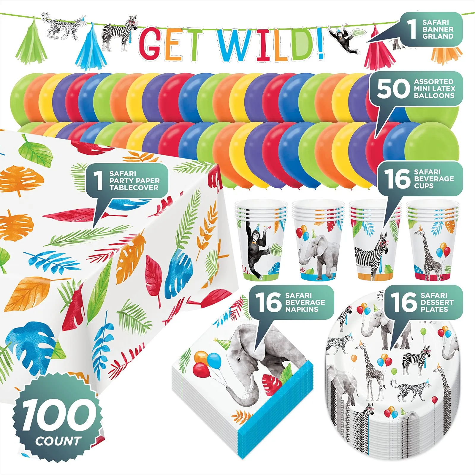 Safari Party Animal Paper Dessert Plates, Napkins, Cups, Table Cover, and Balloons Set (Serves 16)