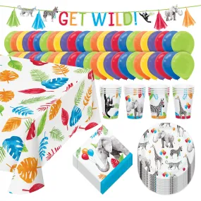 Safari Party Animal Paper Dessert Plates, Napkins, Cups, Table Cover, and Balloons Set (Serves 16)