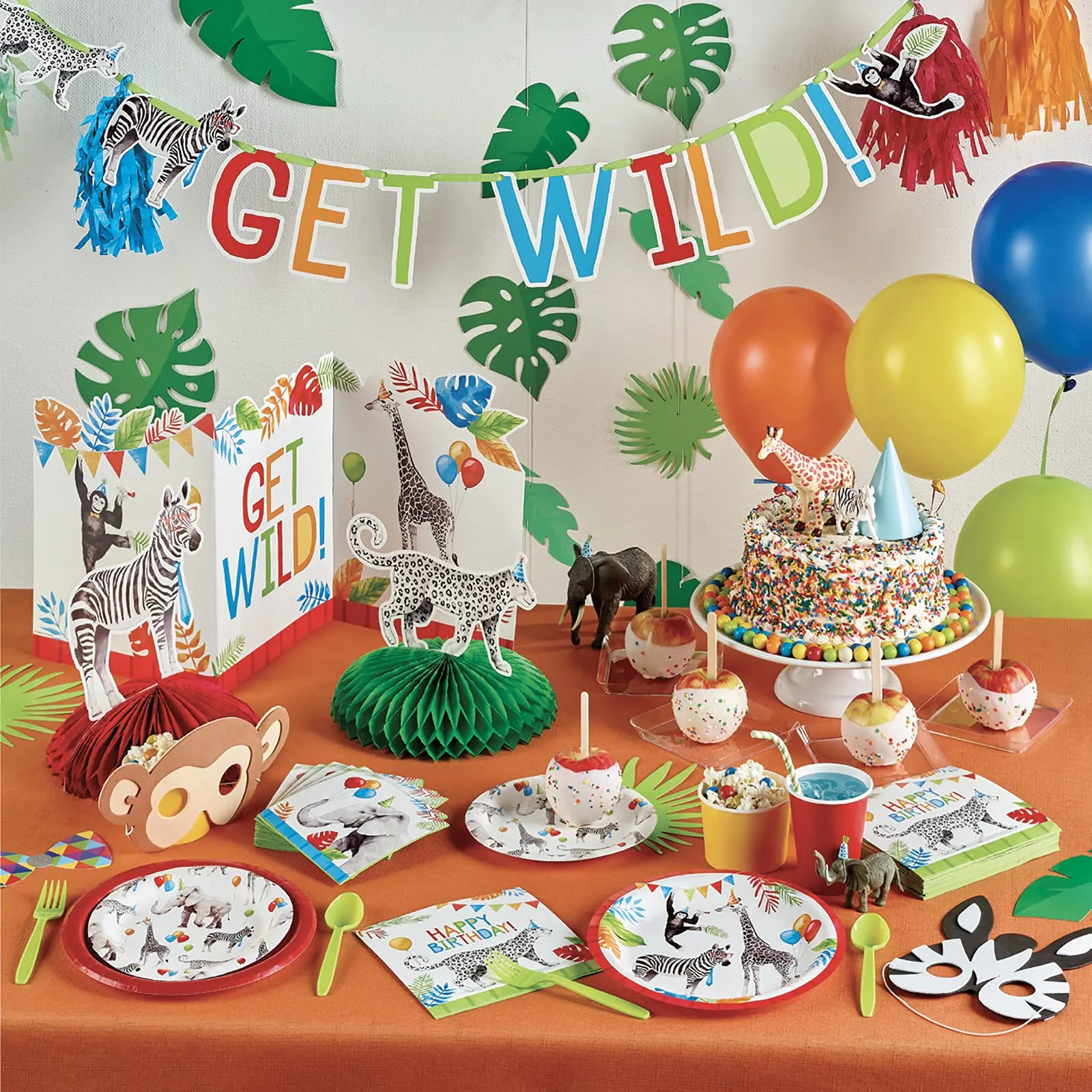 Safari Party Animal Paper Dessert Plates, Napkins, Cups, Table Cover, and Balloons Set (Serves 16)