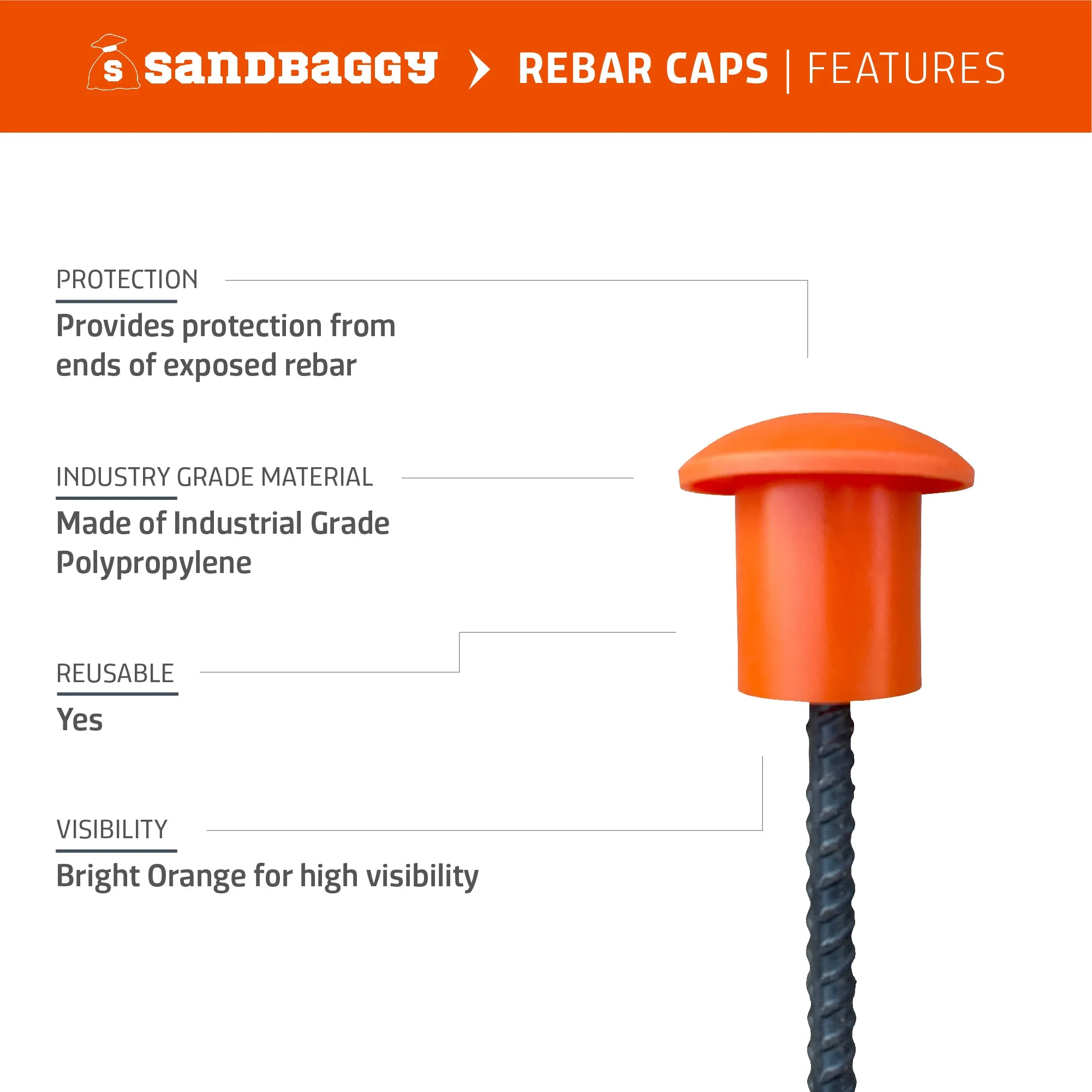 Sandbaggy Rebar Mushroom Safety Caps | For Rebar #3 to #8 | Concrete Stakes | T-Posts Caps