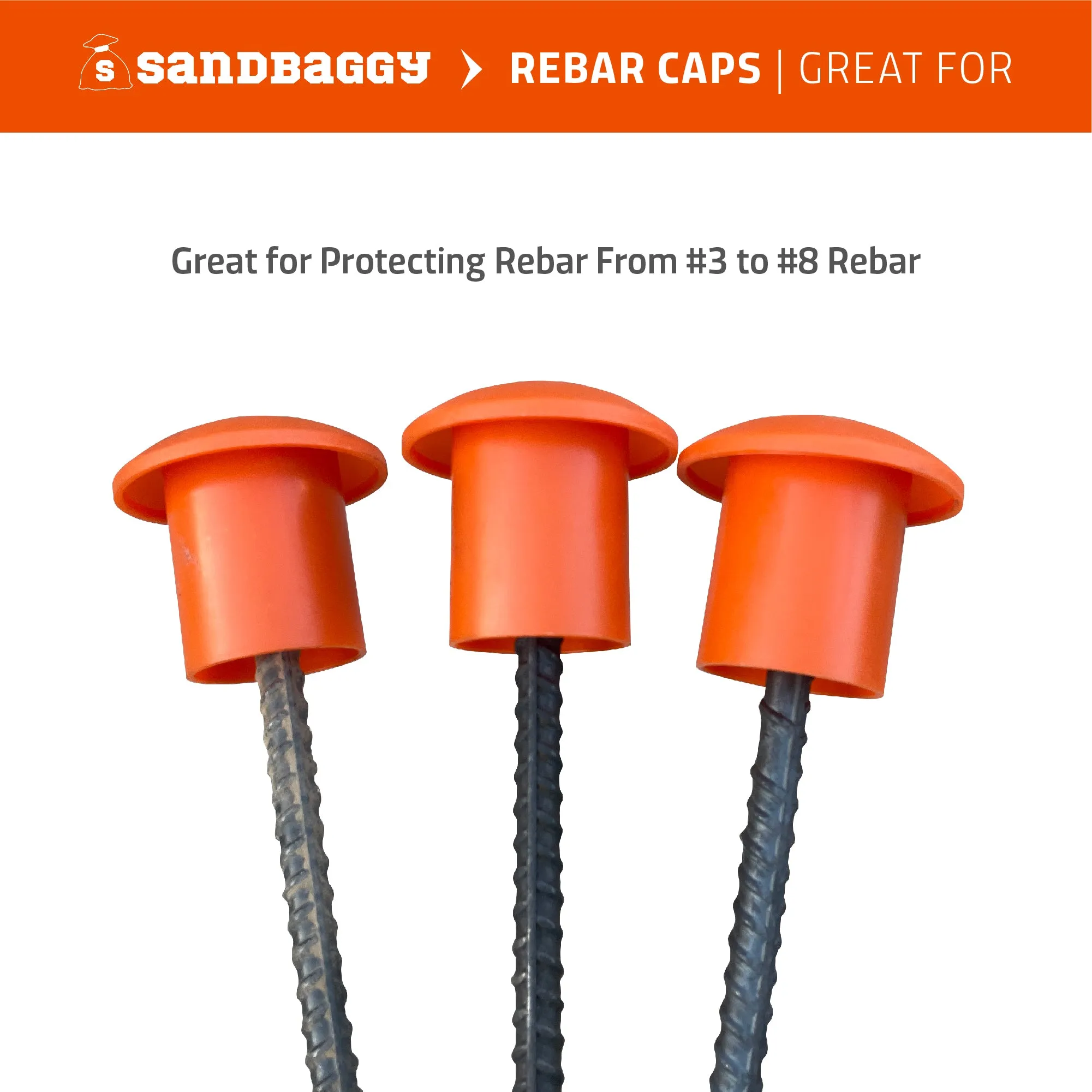 Sandbaggy Rebar Mushroom Safety Caps | For Rebar #3 to #8 | Concrete Stakes | T-Posts Caps