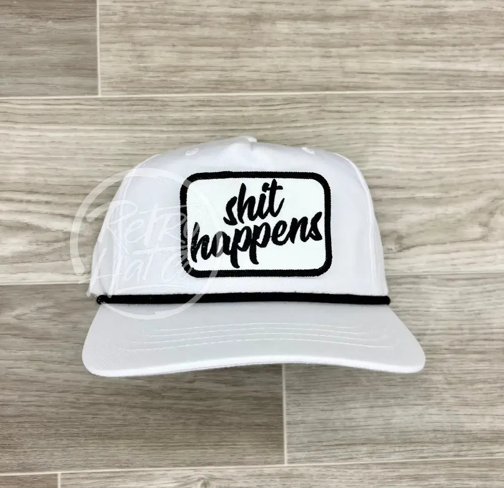 Shit Happens on White Retro Rope Hat w/Black Rope