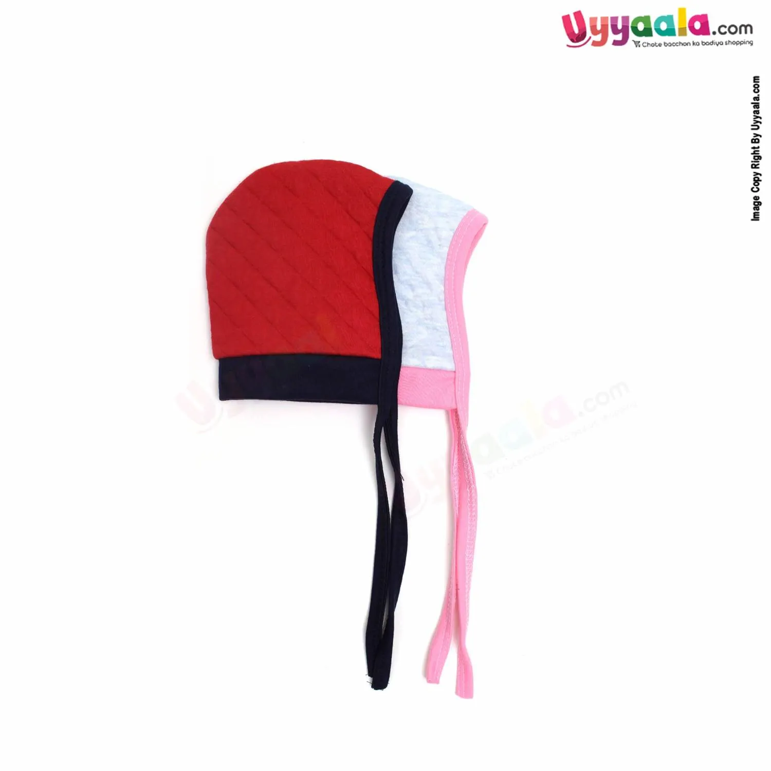 Side Tying Soft Hosiery Cotton Caps for Babies with Teddy Bear Patch Pack of 2, 0-6m age- Red & Sky Blue