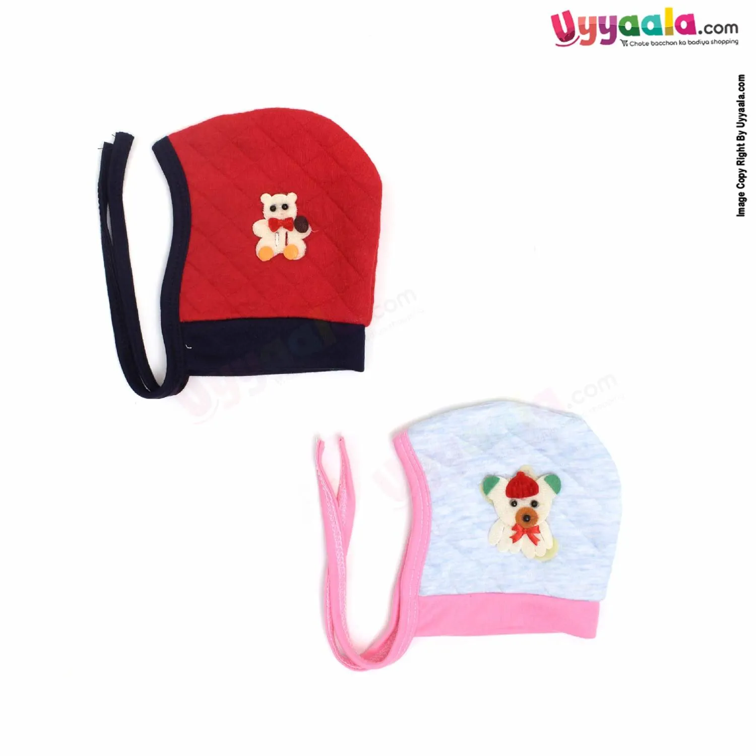 Side Tying Soft Hosiery Cotton Caps for Babies with Teddy Bear Patch Pack of 2, 0-6m age- Red & Sky Blue