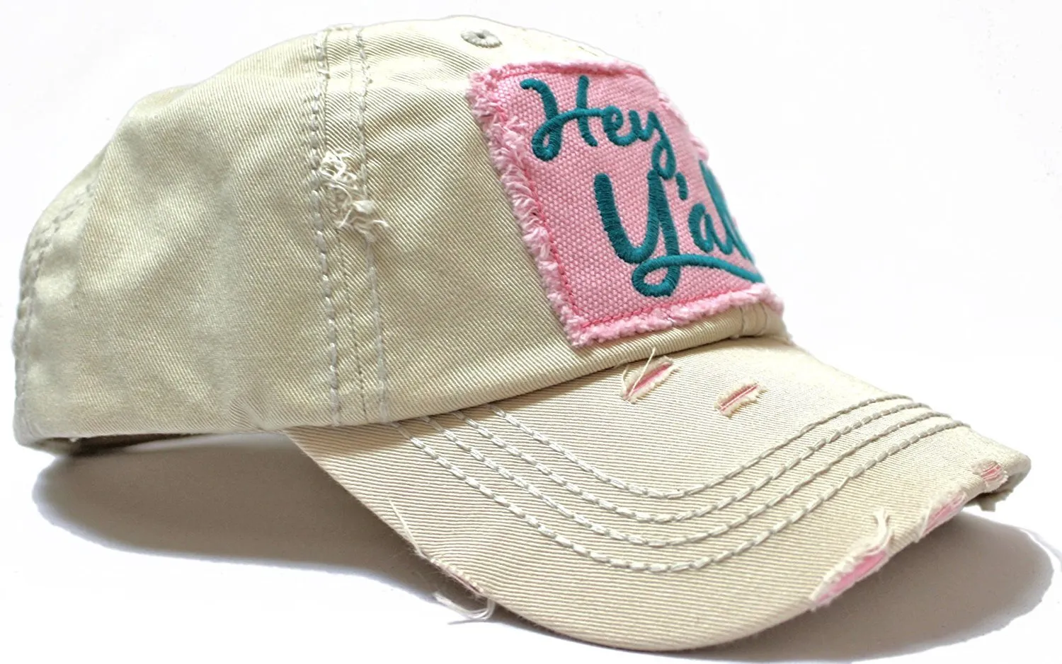 SUMMER EXCLUSIVE "Hey Y'all!" Distressed, Vintage Cap Collection--Ivory