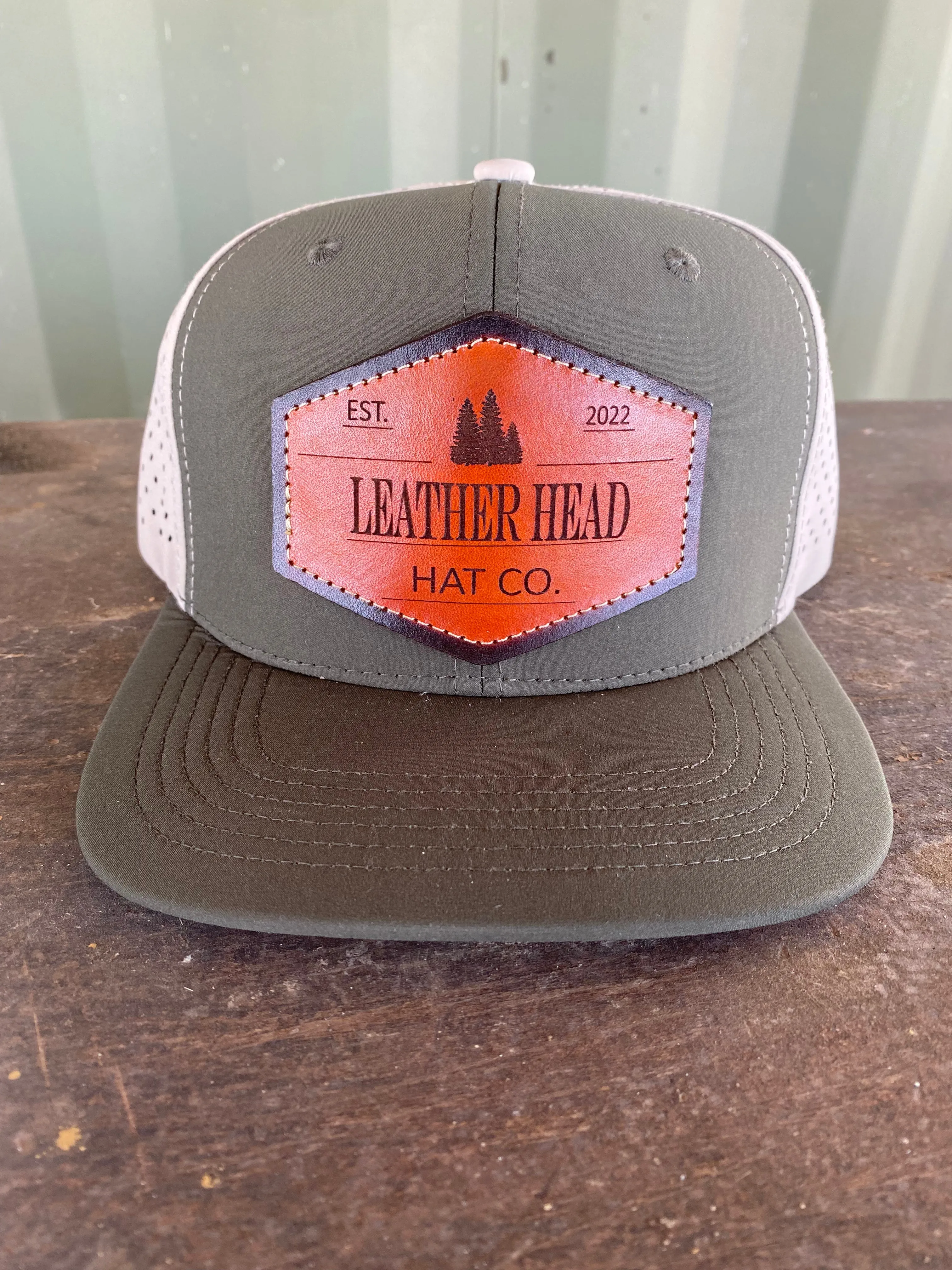 The Leather Head Hat Co. leather patch Olive green with khaki hydro mesh waterproof SnapBack hat cap