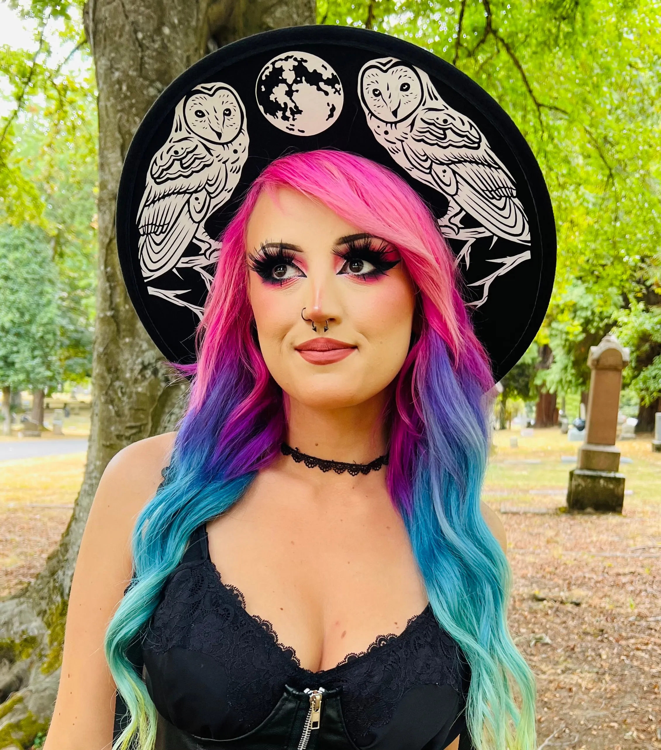 Vegan Felt Wide Brim Hat - Flat Top XL Brim - "Owls"