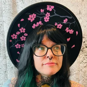 Vegan Felt Wide Brim Hat - XL Brim - "Cherry Blossoms"