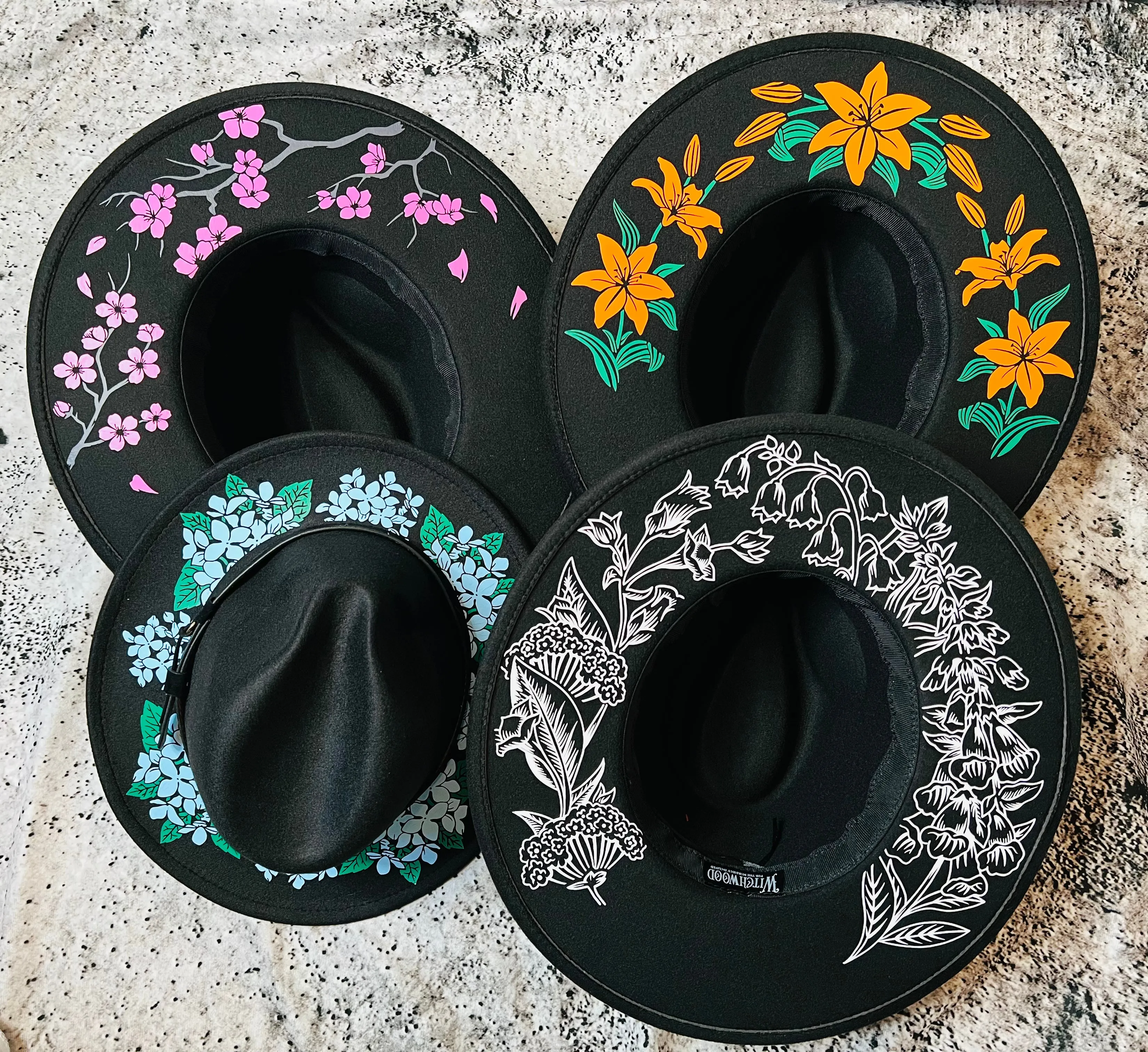 Vegan Felt Wide Brim Hat - XL Brim - "Cherry Blossoms"
