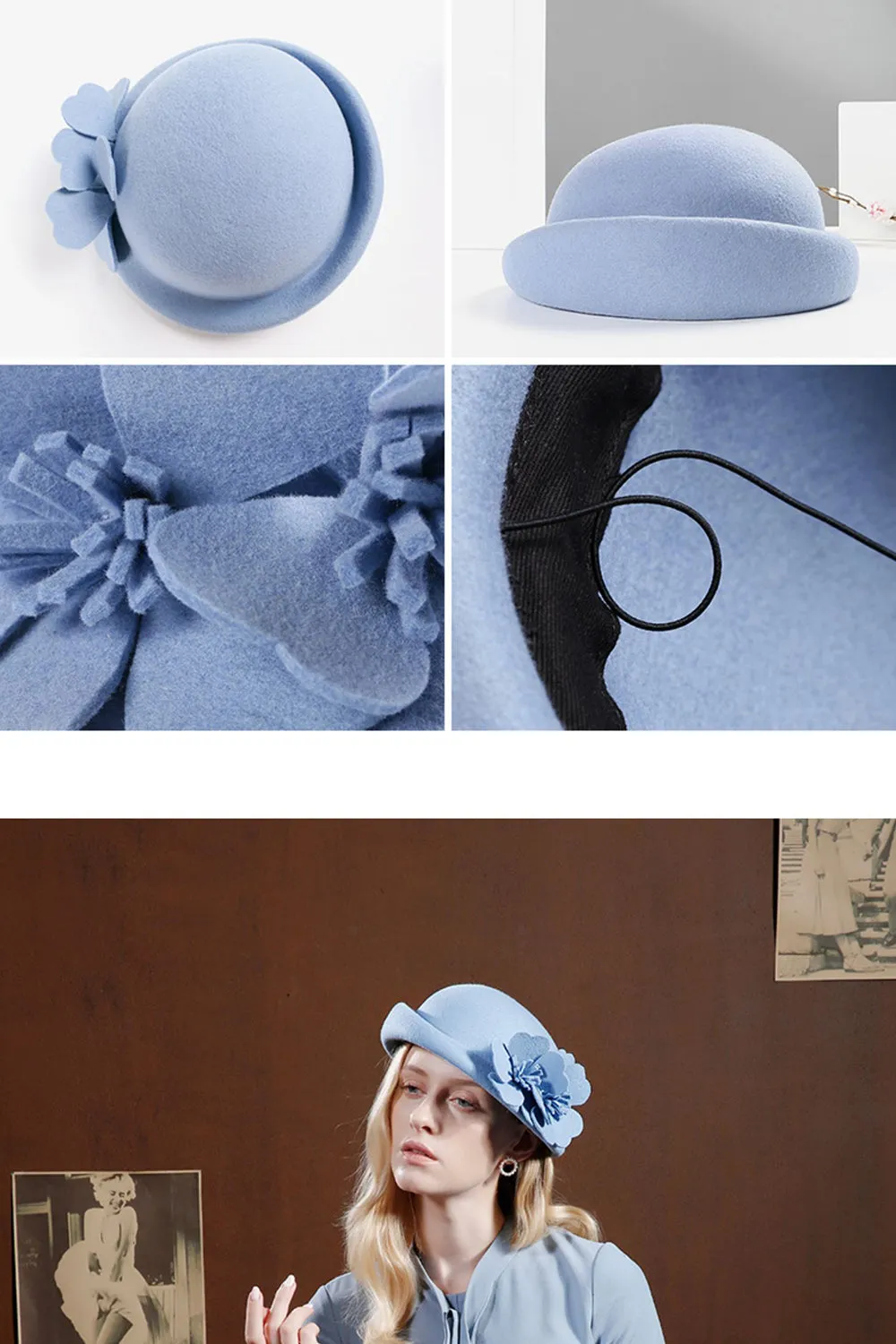 Women's Elegant Flower Wool Wedding/Tea Party Bowler Hats/Church Hats
