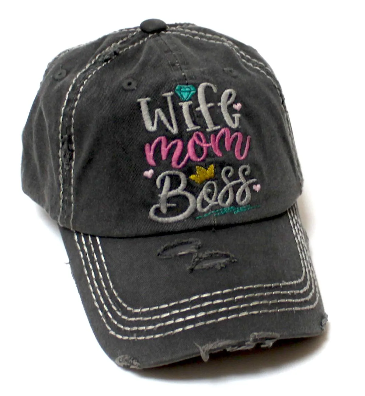 Women's Vintage Baseball Cap Wife, Mom, Boss Crown Diamond Hearts Monogram Embroidery Hat, Graphite Black